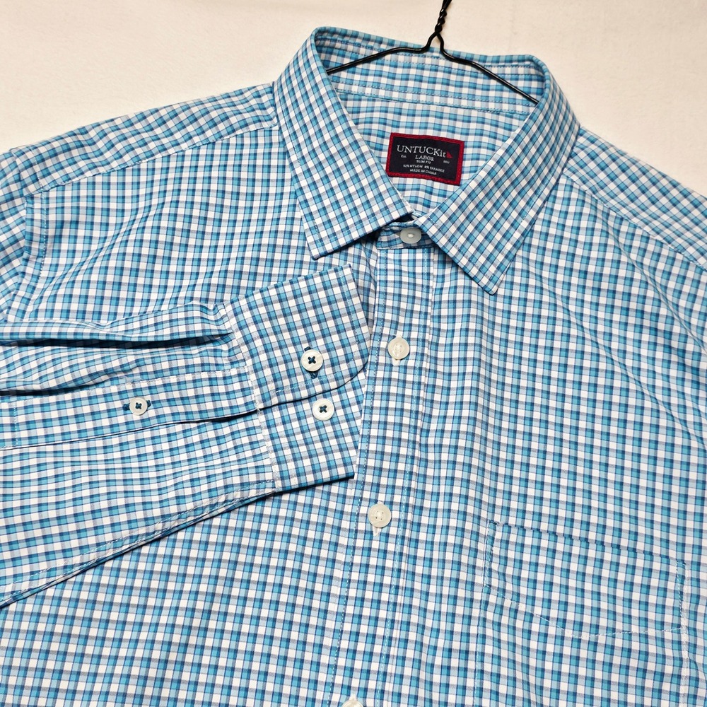 UNTUCKit Button Down Shirt Mens Large Blue Belden Slim Fit Stretch Gingham 40125